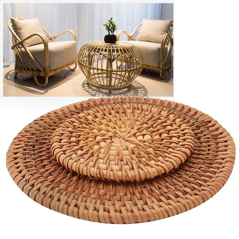 Set of Rattan Placemats Handmade Glass Cup Base Round Dining Placemat Table Mats Charger Plates Table Decoration made in Vietnam