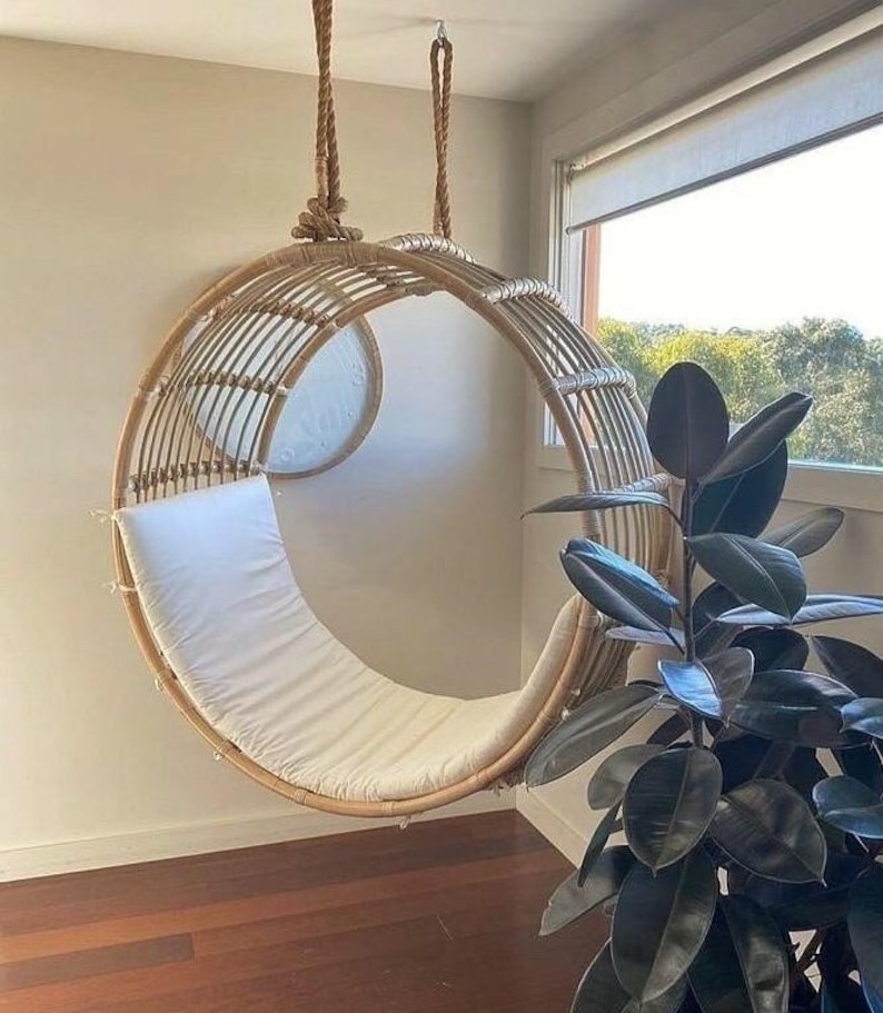 Round Handwoven Vietnamese Hanging rattan swing chair Wicker Caned Rattan Hanging Egg Chair home Living Room Garden Patio Swing