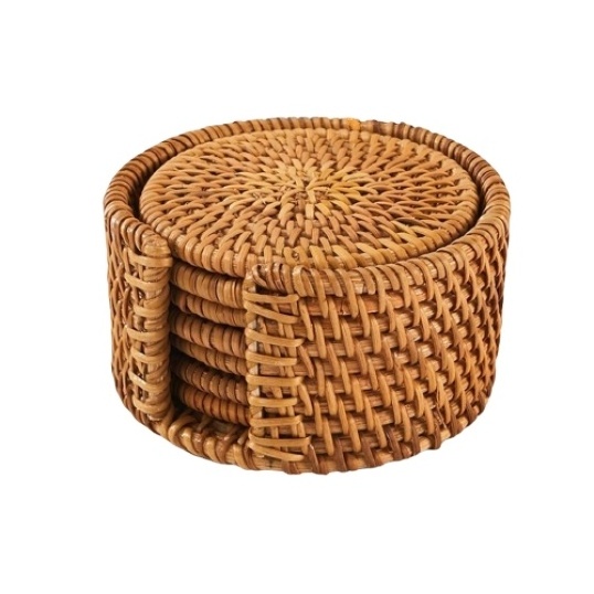 Set of Rattan Placemats Handmade Glass Cup Base Round Dining Placemat Table Mats Charger Plates Table Decoration made in Vietnam