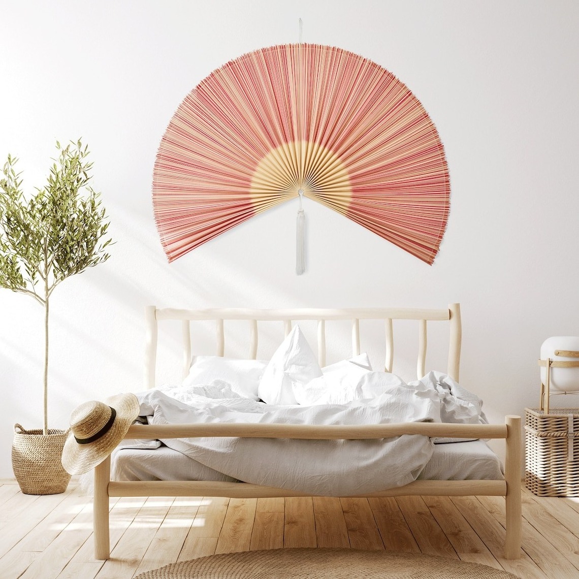 Natural Large Bamboo Folding Fan Bamboo Fan Decor Headboard with Tassel Boho Hanging Fan for Wall Decoration Made in Vietnam