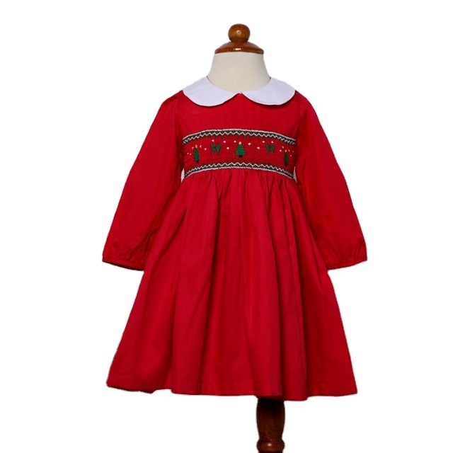 ODM OEM Uk Traditional Design Christmas Tree Hand Smocked Dress Kids Clothing Wholesale 2023