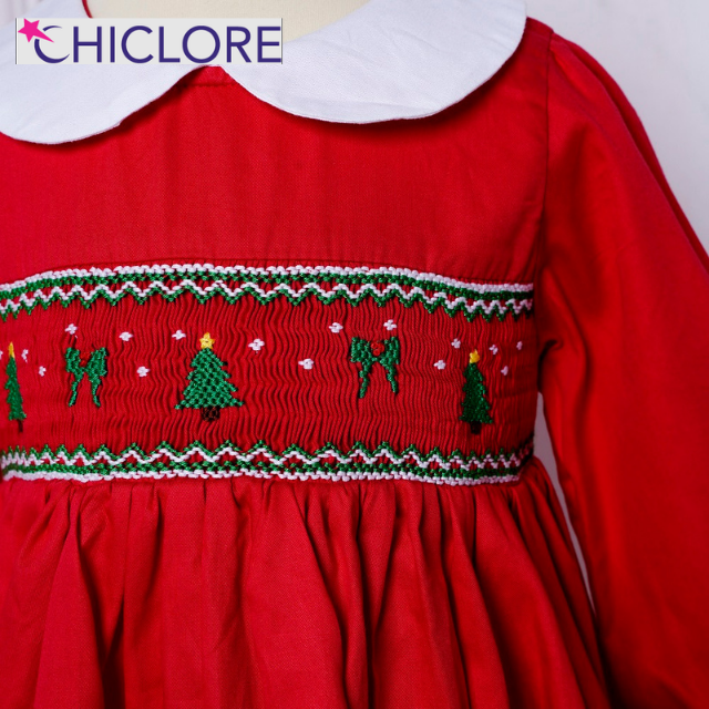 ODM OEM Uk Traditional Design Christmas Tree Hand Smocked Dress Kids Clothing Wholesale 2023