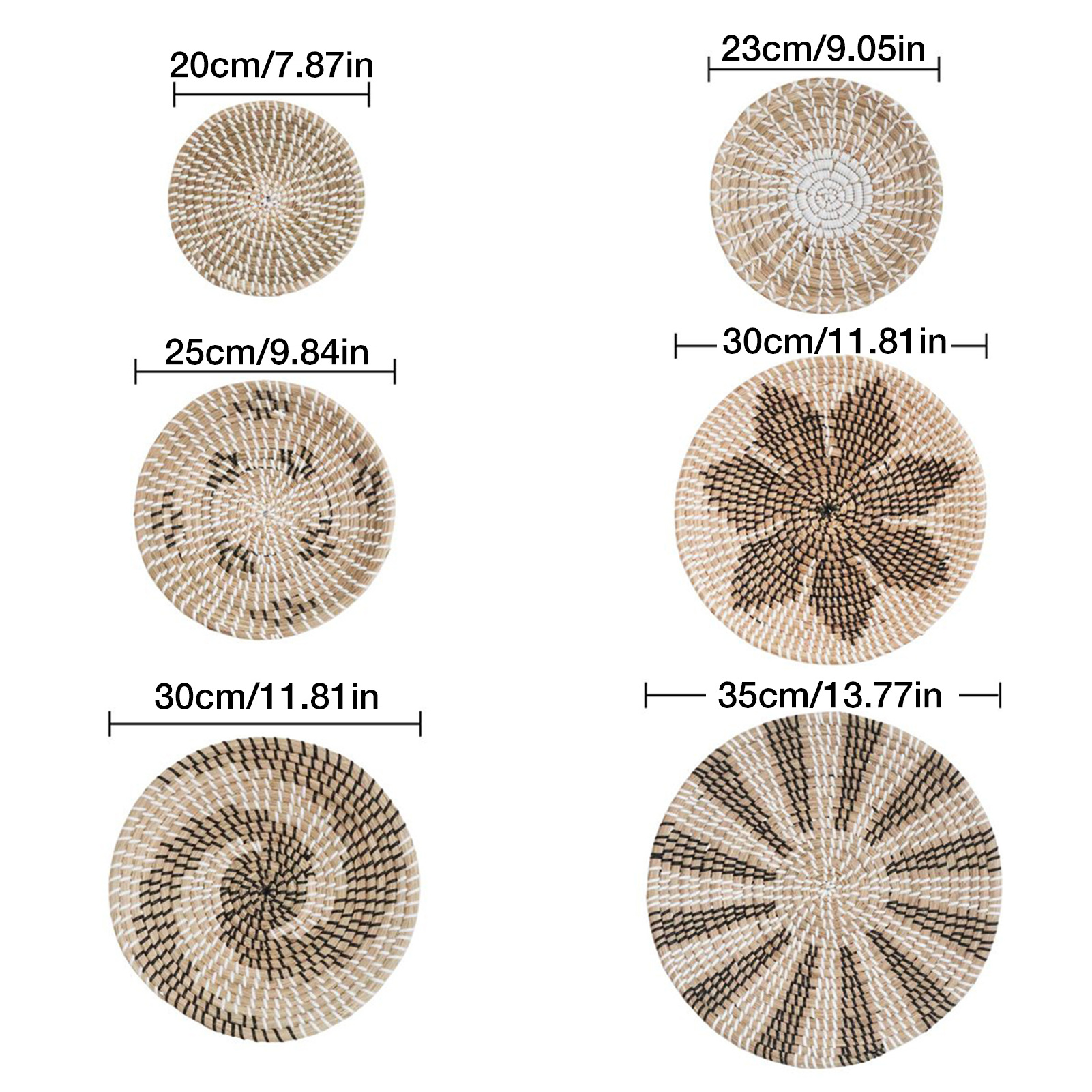 A set of 6 Natural Rattan and Bamboo  Wall Decor,Plate Basket wall hanging