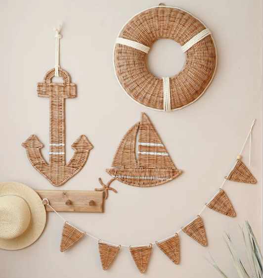 New Product Rattan BOHO Wicker rattan nursery Set of Nautical Style Anchor,life buoy,Boat for Kidroom Made in Vietnam