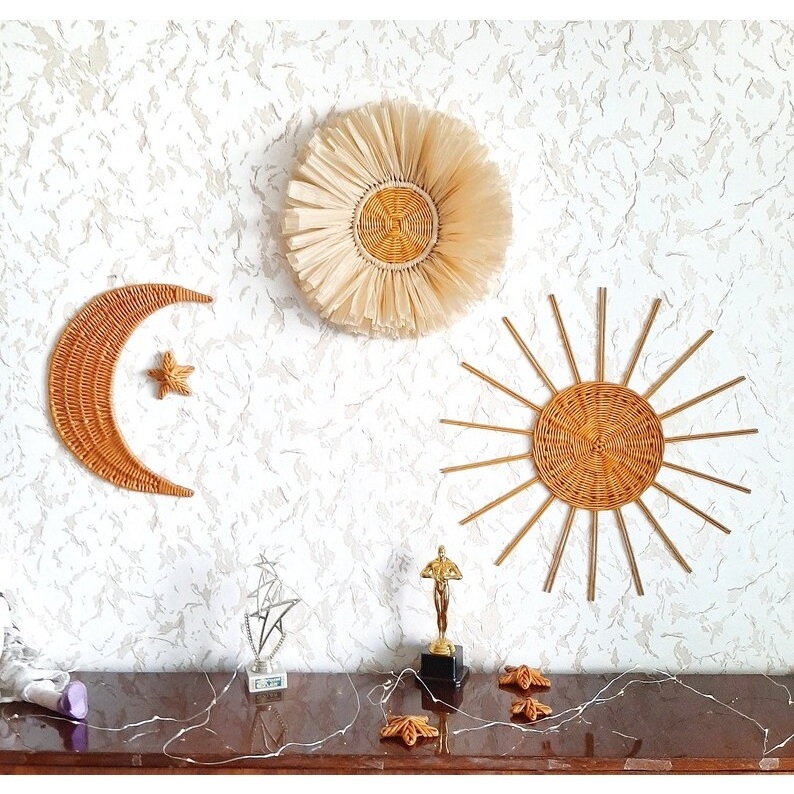 Set of 3 wall baskets includes raffia sun decor, sun wall decor and crescent moon decor from natural material