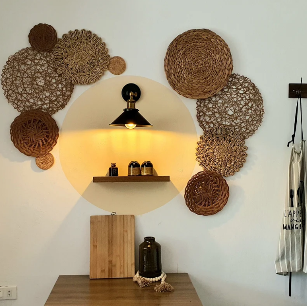 Natural Rattan Woven Circle Set 10 Boho Bohemian Decor Wall Decorations For Home Made in Vietnam