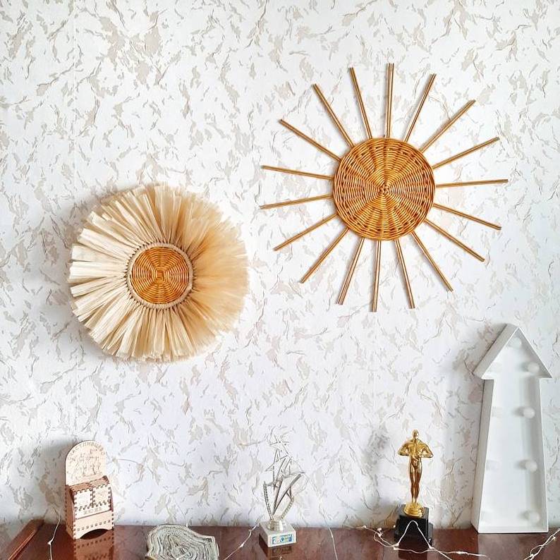 Set of 3 wall baskets includes raffia sun decor, sun wall decor and crescent moon decor from natural material