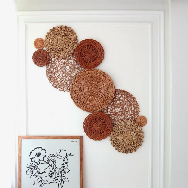 Natural Rattan Woven Circle Set 10 Boho Bohemian Decor Wall Decorations For Home Made in Vietnam