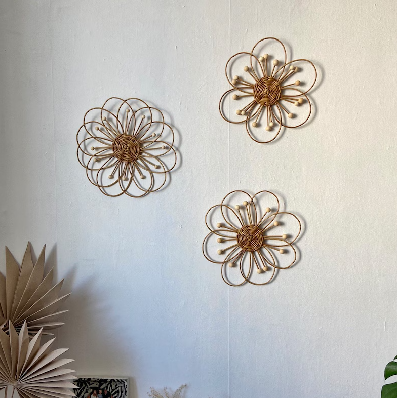 Vietnam Handmade Wholesale Set of 3 Daisy Flower woodland style Weaves Nursery for Home Wall Hanging