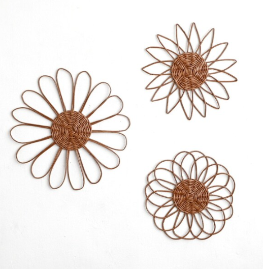 Good quality Japan eco friendly rattan woven Handmade Set of 3 wicker flowers boho nursery Winnowing Wall Art