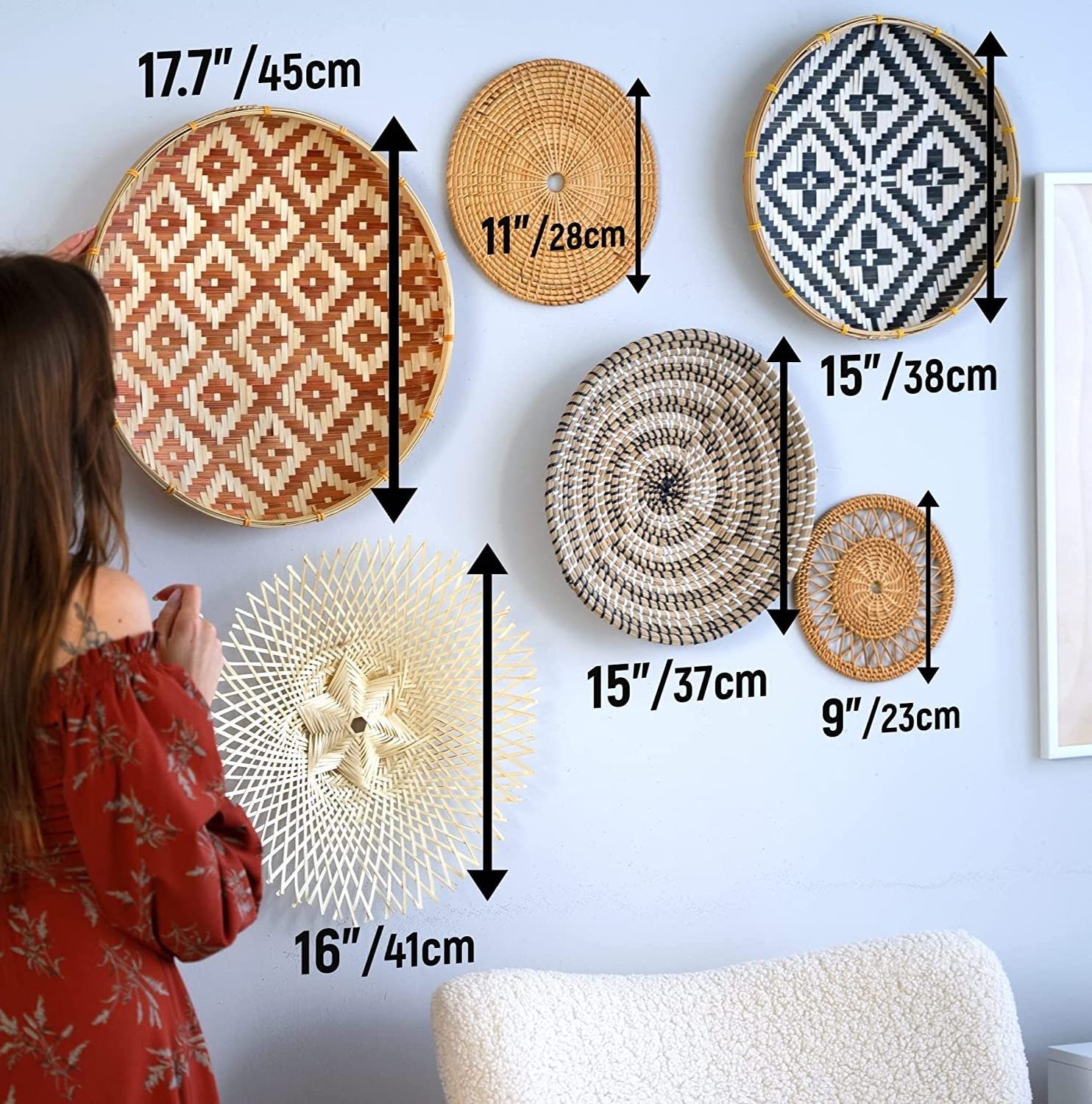 Top Quality Mix Set of 6 Wall Hanging Decor Items Wall Decor Basket Trays Sturdy Hanging Woven Elegant 100% Handmade