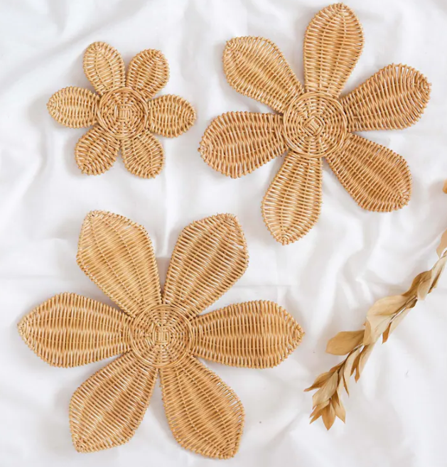 Vietnam Handmade Wholesale Rattan Set of 3 Rattan Daisy Wall rustic vibes Decorations for Bedroom From Natural Material