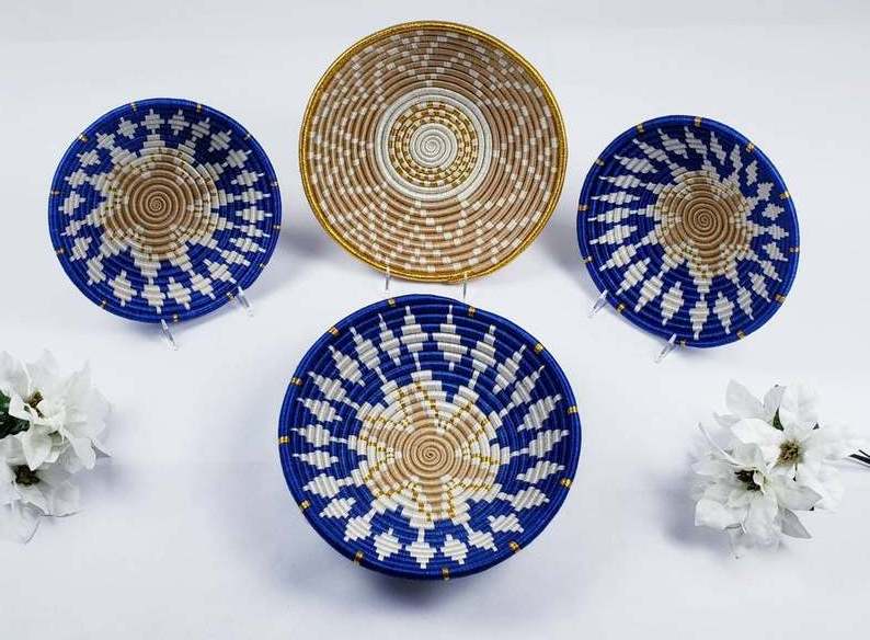 Blue African Hand Woven Wall Hanging Basket Decor/ Storage Accent Bowl Gift Basket for House Warming