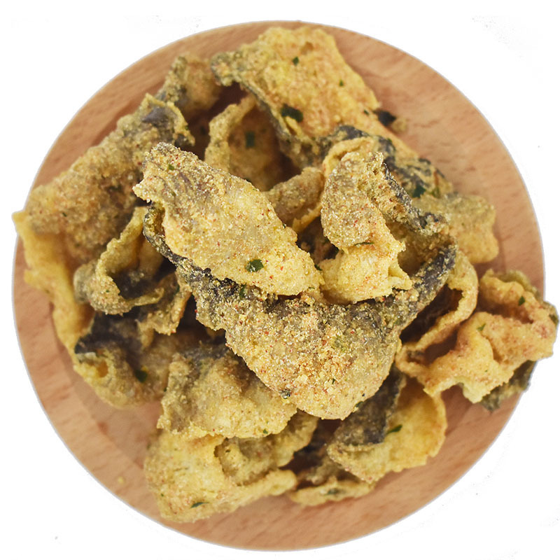 Delicate fish skin coated in a flavorful salted egg glaze for a delightful snack