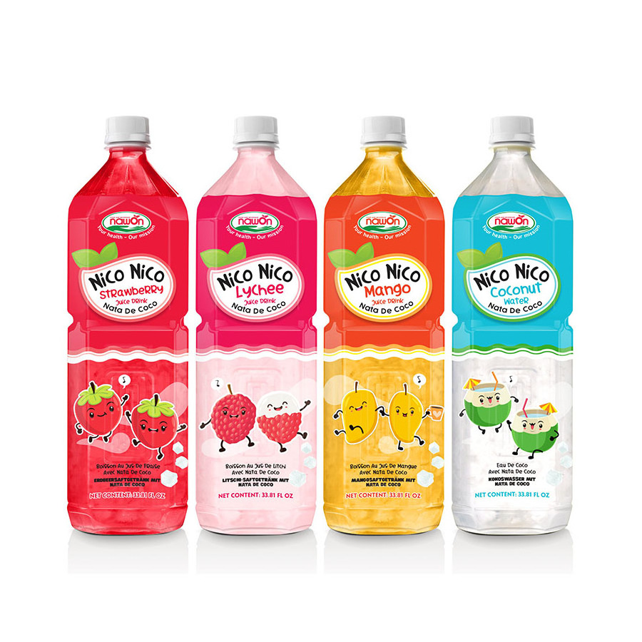 Wholesale Price Nata De Coco Strawberry Juice Packed in 1000ML PET Bottle Short Label Exotic Beverage Manufacturer in Vietnam