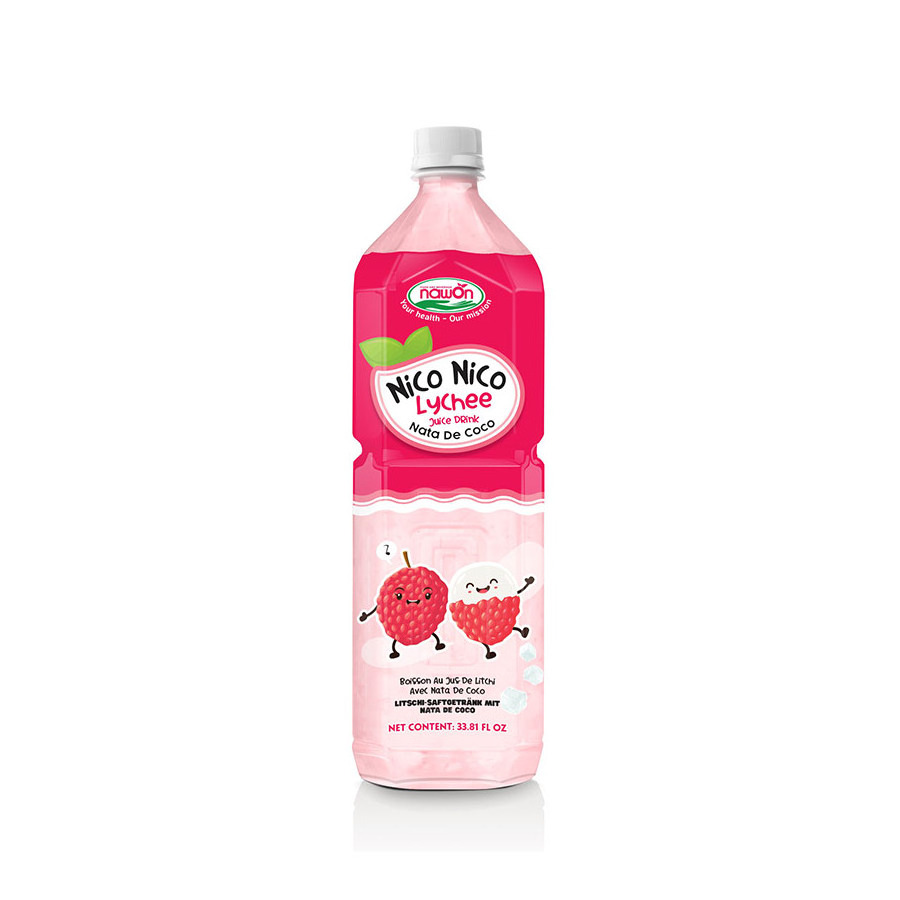 Wholesale Price Nata De Coco Strawberry Juice Packed in 1000ML PET Bottle Short Label Exotic Beverage Manufacturer in Vietnam