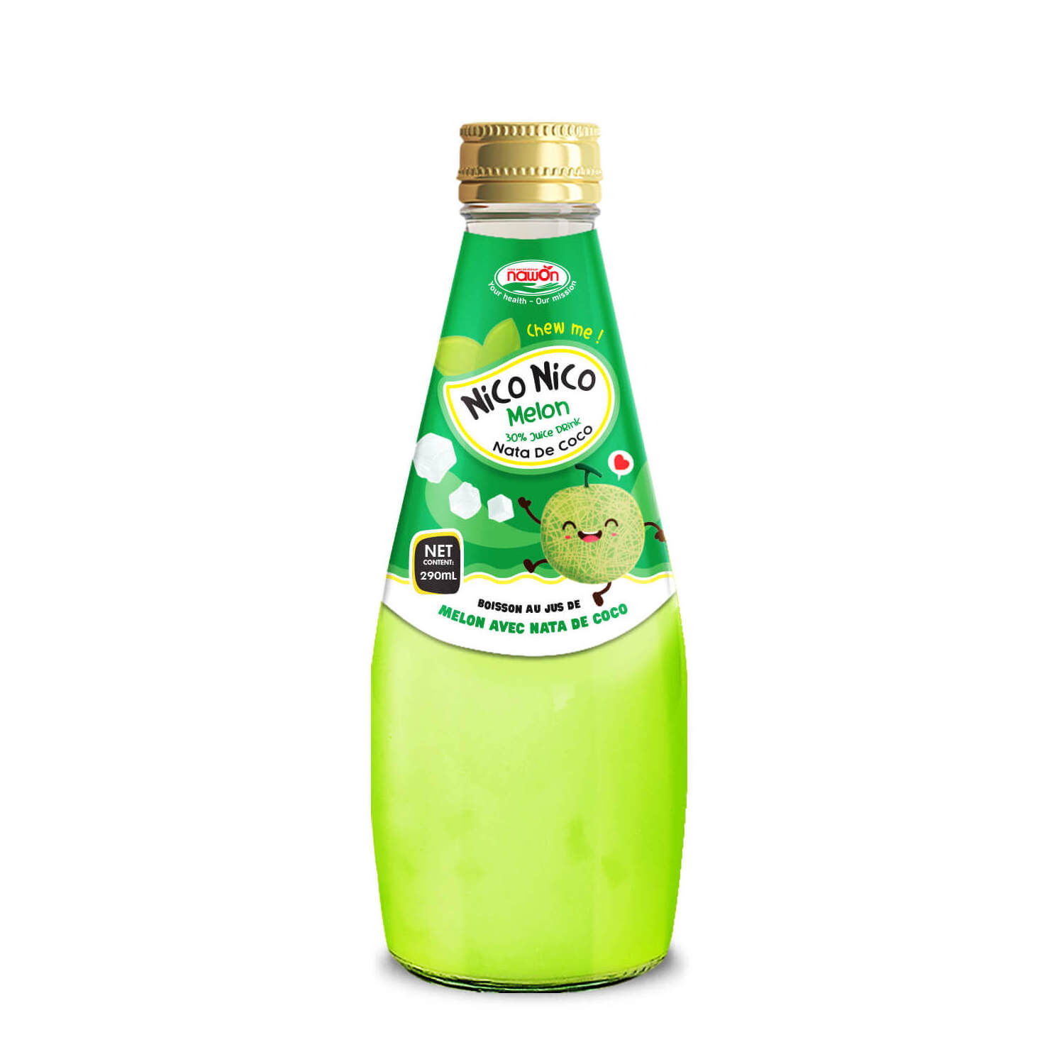 30% Melon Juice with Nata De Coco - Coconut Jelly Drink in 290ML Glass Bottle Private Label Beverage Manufacturer Vietnam