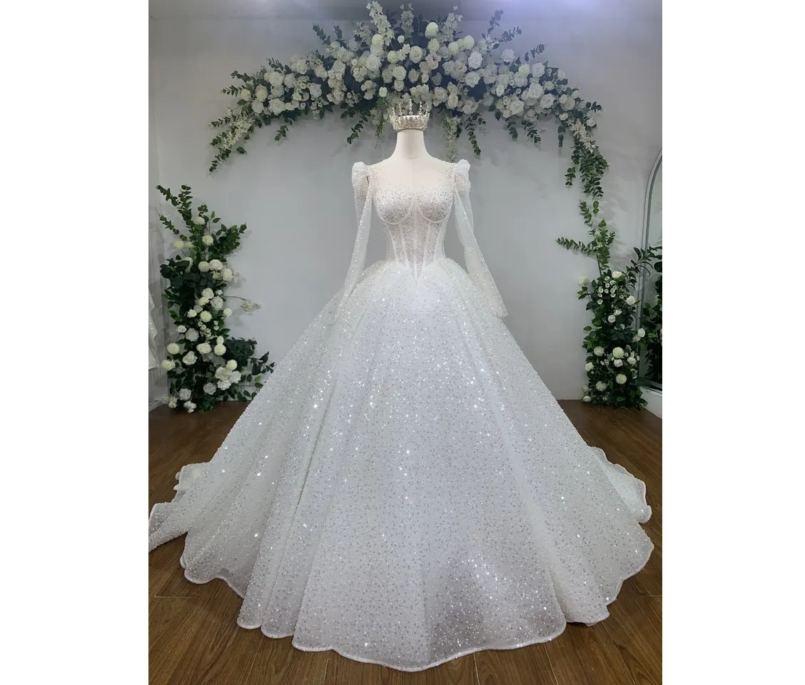 TNBPno31 wedding dress wholesale ball gown design flower lace long tail add beading by handmade For Vietnam wedding dress