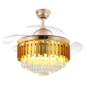 Wholesale fancy retractable gold chandelier pendant light modern home decorative crystal luxury led ceiling fan with lights