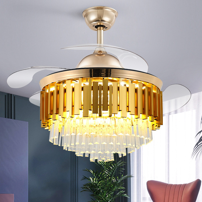 Wholesale fancy retractable gold chandelier pendant light modern home decorative crystal luxury led ceiling fan with lights