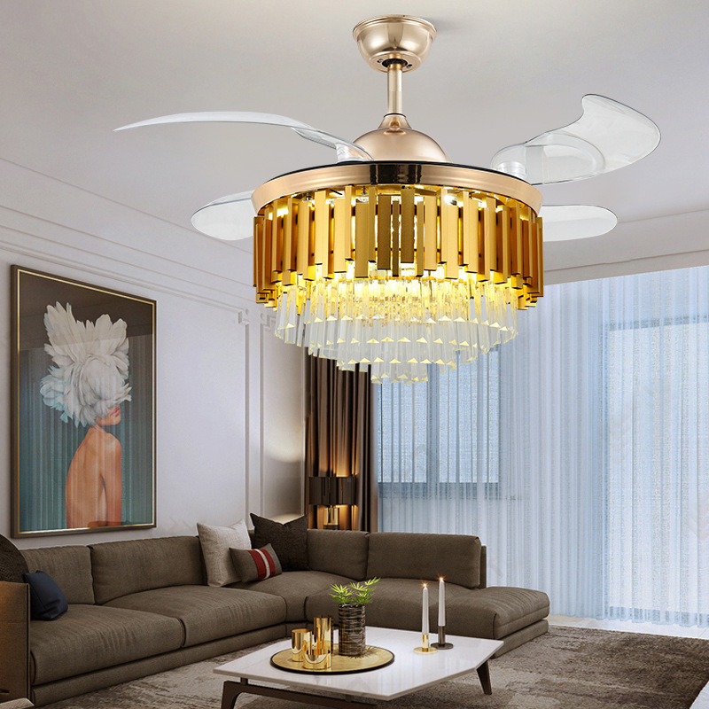 Wholesale fancy retractable gold chandelier pendant light modern home decorative crystal luxury led ceiling fan with lights