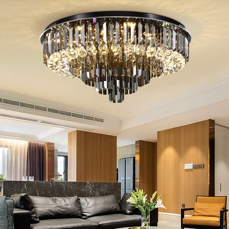 Simple modern light luxury round crystal flush mount living room black atmospheric ceiling light smokey crystal ceiling lamp