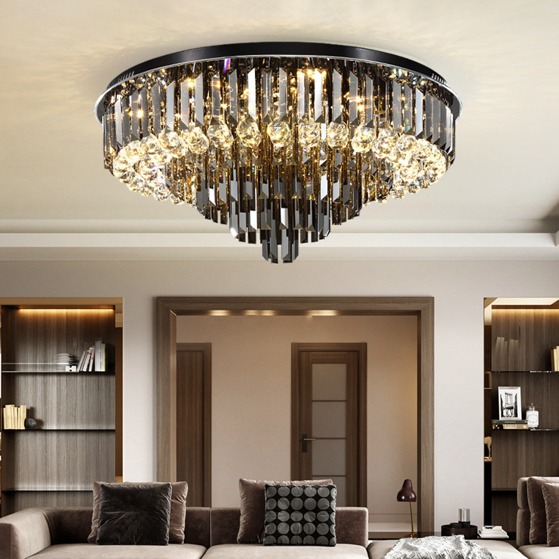 Simple modern light luxury round crystal flush mount living room black atmospheric ceiling light smokey crystal ceiling lamp