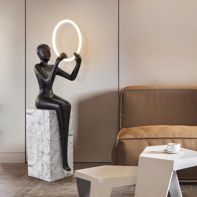 Sculpture Floor Lamp Hotel Lobby Hall Statue Floor Light Post Modern Art Ball Lights Triangle Foursquare Lighting