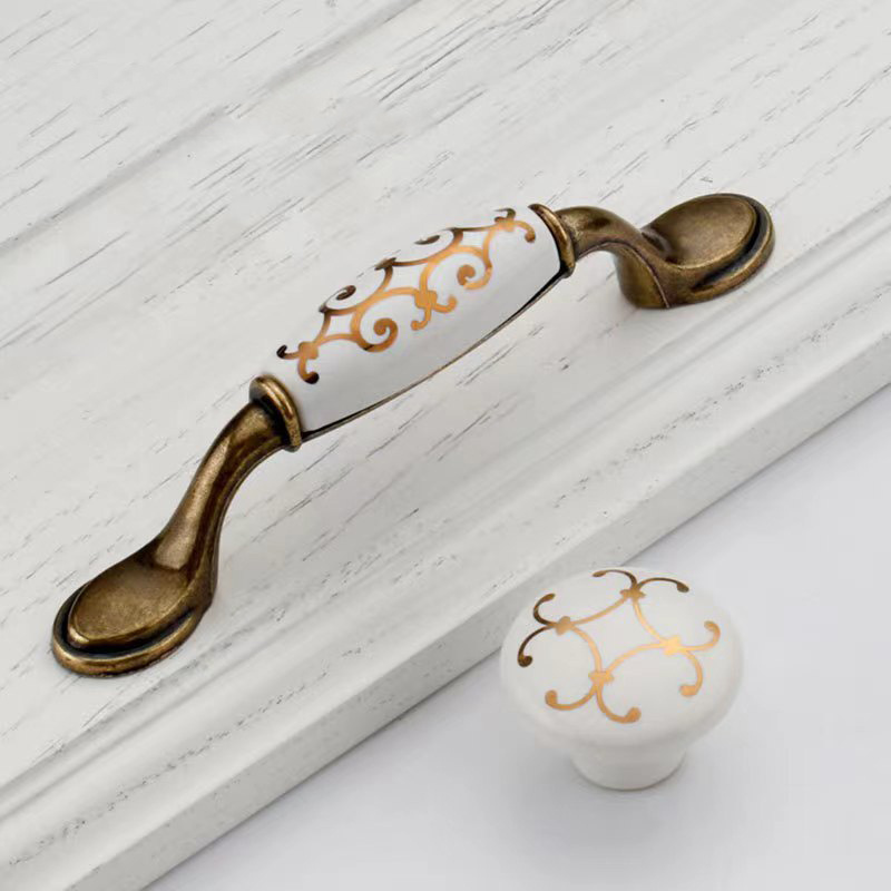 Furniture Kitchen Door Handle Cabinet Antique Bronze Ceramic Pull Handle Golden Flower Drawer Zinc Alloy Ceramic Handle