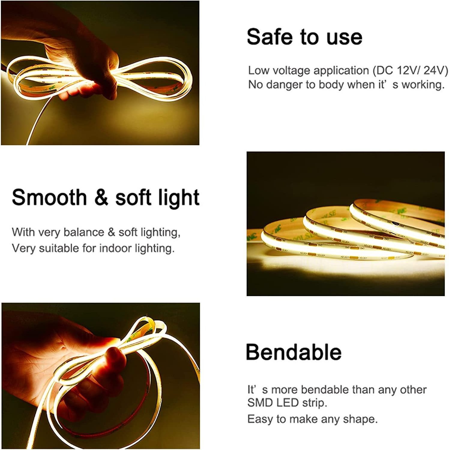 Hot Sale Factory Dimmable dotsfree light 480leds/m dc 24V 12V 5V 10w RGB White CCT Smart COB LED Strip