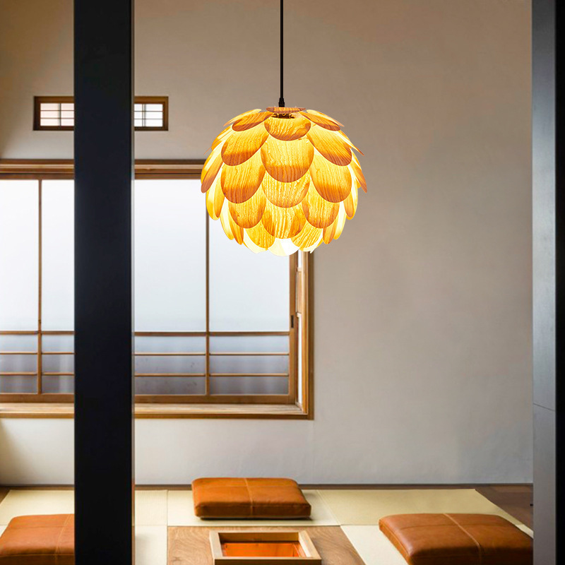 Pine Cones Southeast Asia Veneer Lamp Nordic Minimalist Wooden Ceiling Pendant Lamp for Living Room Bedroom Bar