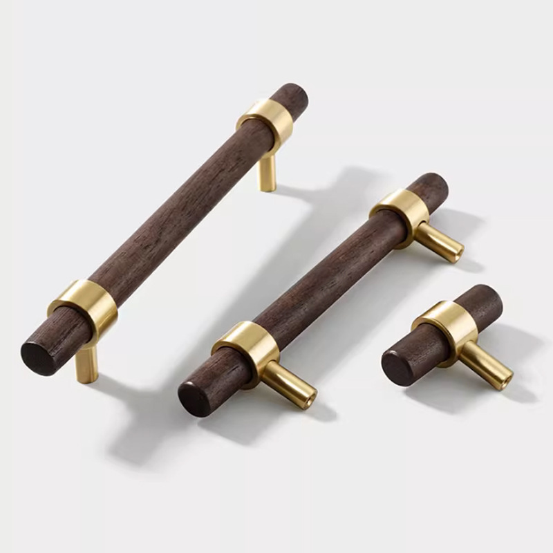 walnut brass handle solid wood furniture drawer handle wooden T-shaped long handle kitchen cabinet Beech knob