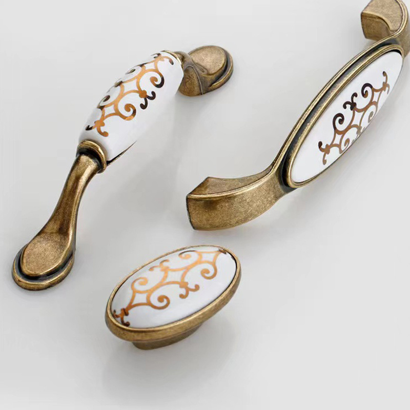 Furniture Kitchen Door Handle Cabinet Antique Bronze Ceramic Pull Handle Golden Flower Drawer Zinc Alloy Ceramic Handle