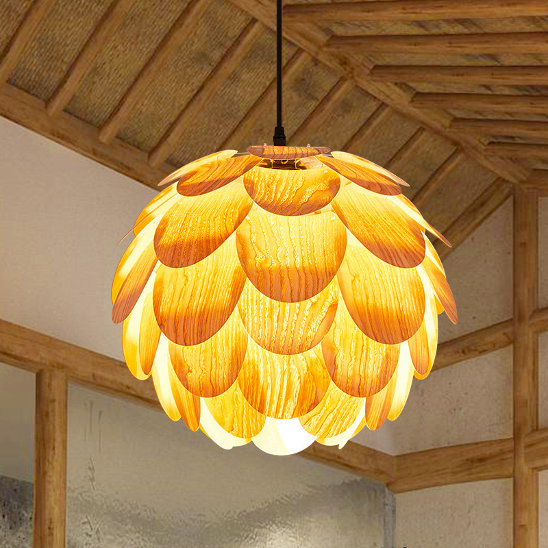 Pine Cones Southeast Asia Veneer Lamp Nordic Minimalist Wooden Ceiling Pendant Lamp for Living Room Bedroom Bar