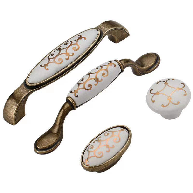 Furniture Kitchen Door Handle Cabinet Antique Bronze Ceramic Pull Handle Golden Flower Drawer Zinc Alloy Ceramic Handle