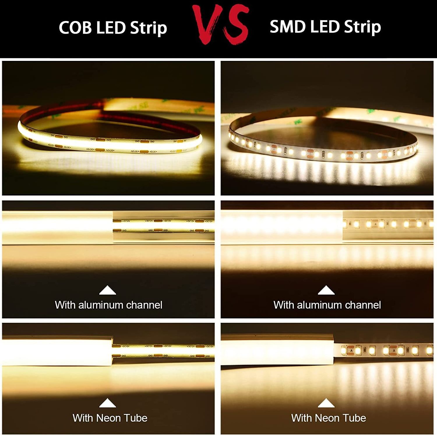 Hot Sale Factory Dimmable dotsfree light 480leds/m dc 24V 12V 5V 10w RGB White CCT Smart COB LED Strip