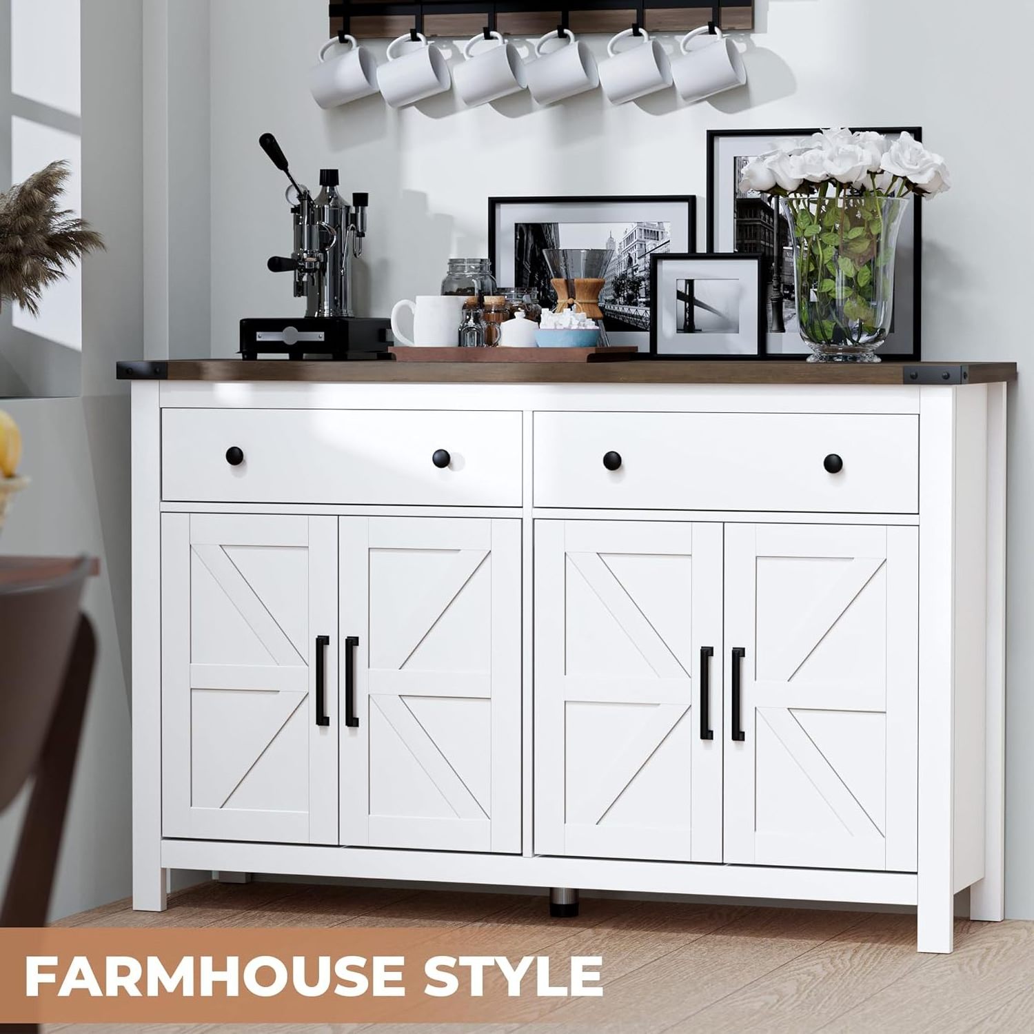 New Design Modern Sideboard, Wood Storage Cabinet with Drawers and Shelves With White for Living Room Kitchen