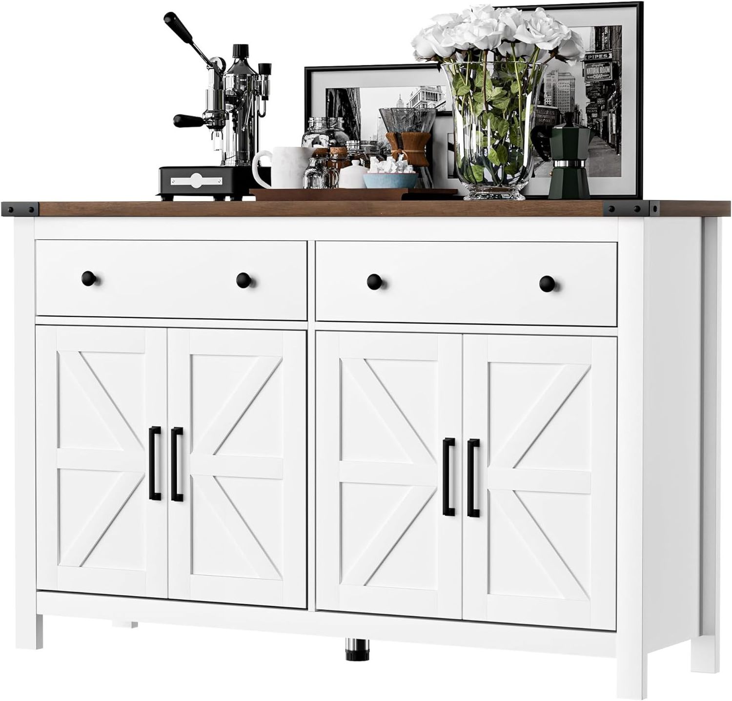 New Design Modern Sideboard, Wood Storage Cabinet with Drawers and Shelves With White for Living Room Kitchen