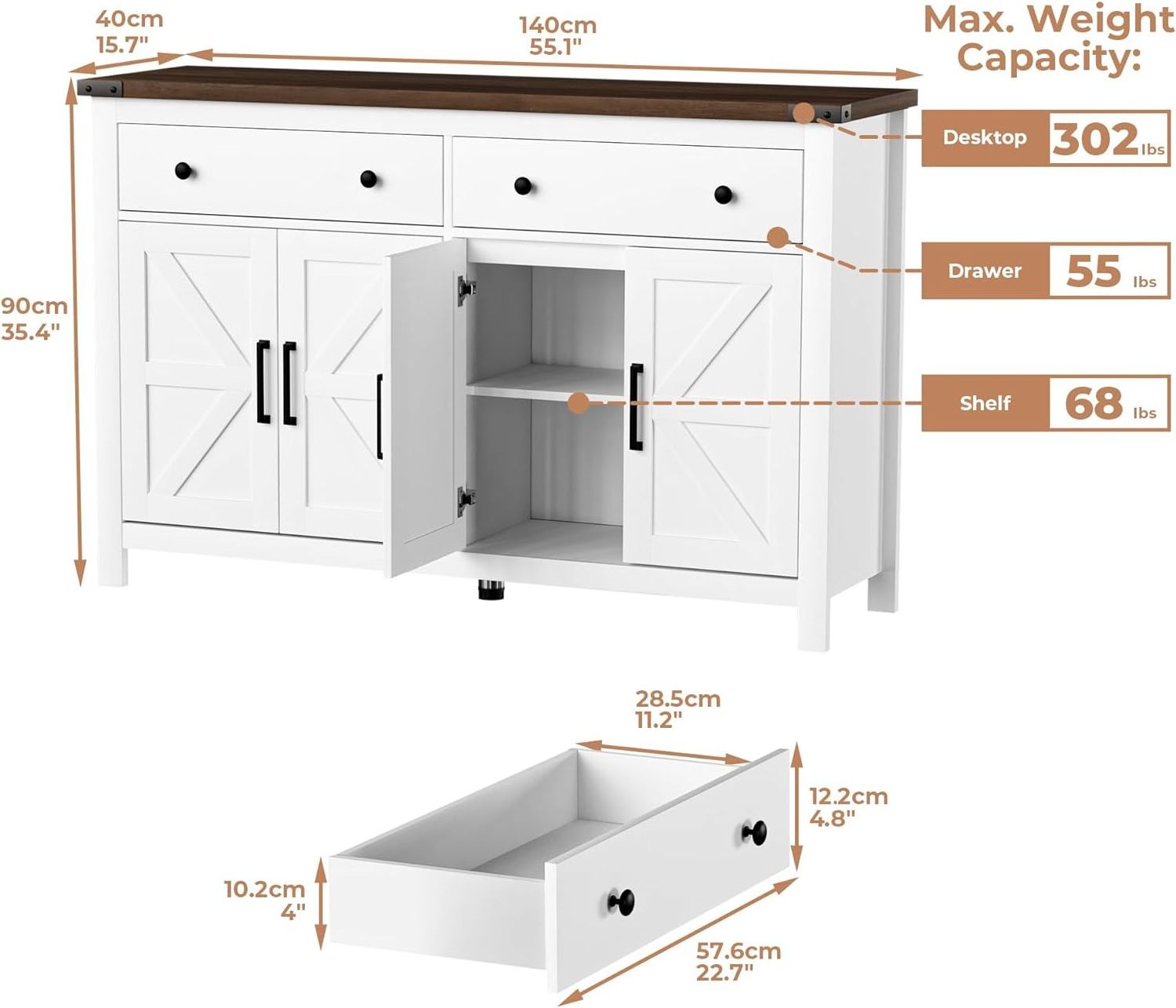 New Design Modern Sideboard, Wood Storage Cabinet with Drawers and Shelves With White for Living Room Kitchen