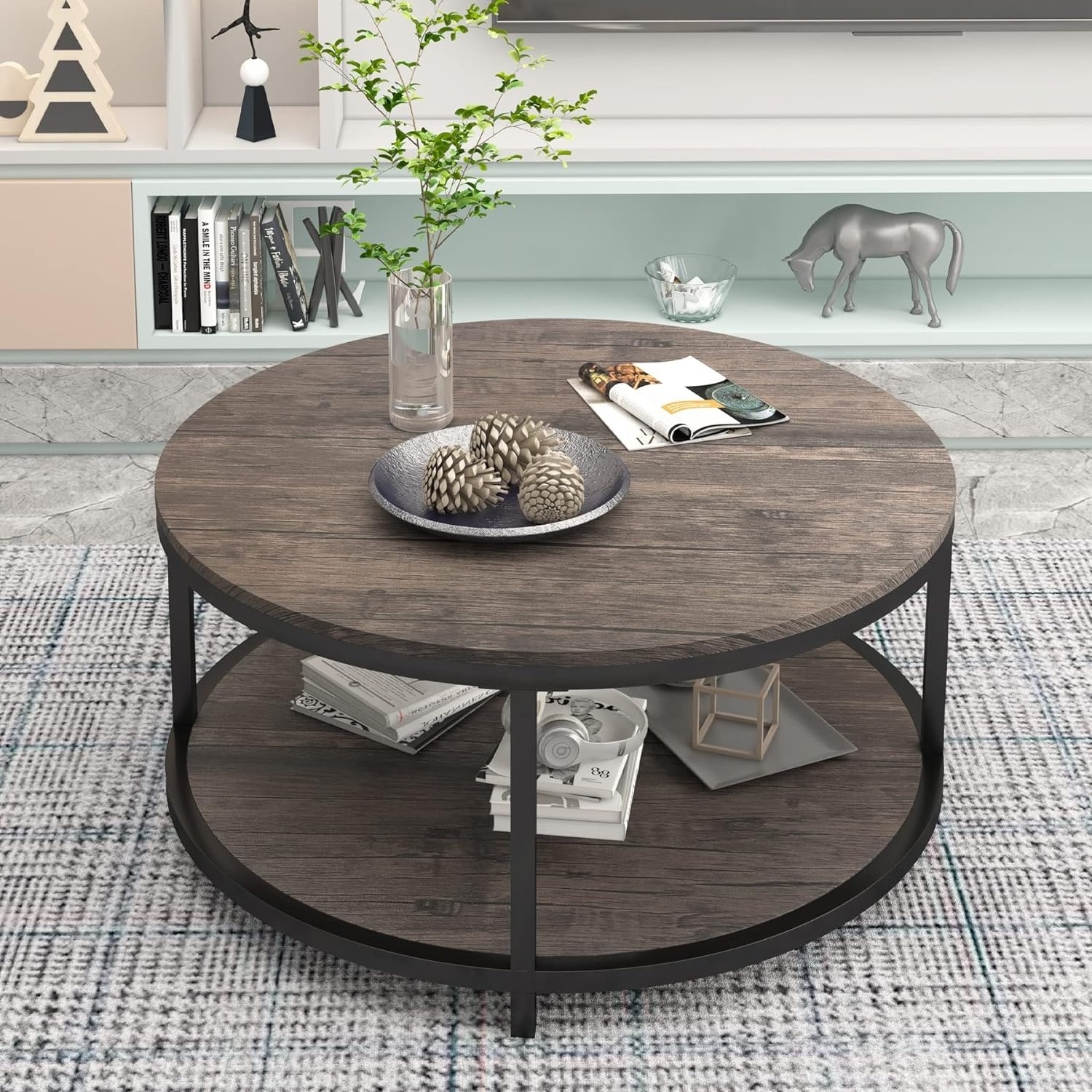 Round Coffee Table Industrial Sofa Table for Living Room Modern Design Home Furniture with Storage Open Shelf