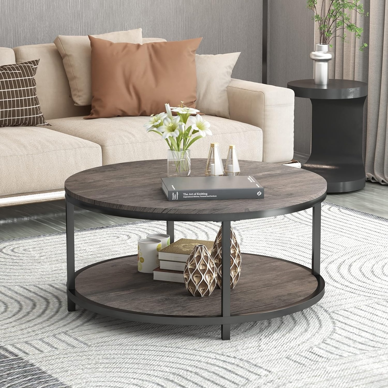 Round Coffee Table Industrial Sofa Table for Living Room Modern Design Home Furniture with Storage Open Shelf