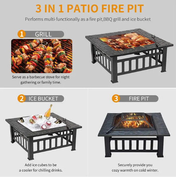 Outdoor Fire pit Metal Firepit Square Table Backyard Patio Garden Stove Wood Burning Fire Pit