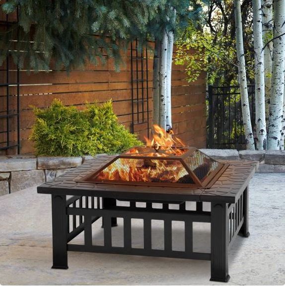 Outdoor Fire pit Metal Firepit Square Table Backyard Patio Garden Stove Wood Burning Fire Pit