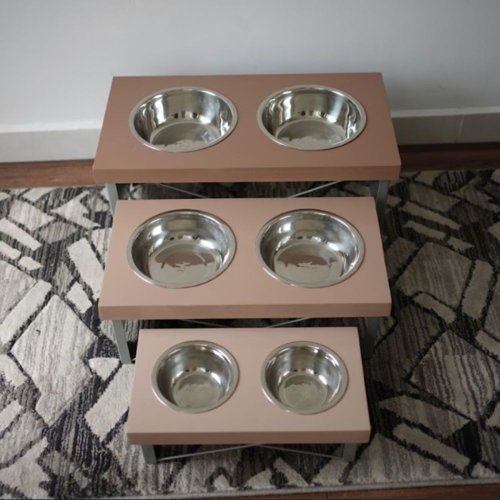 Pet Dog & Cat Feeder - Wooden Top and Grey Metal Legs  Double Dog Bowl Feeder Stand  - Model NPPF047