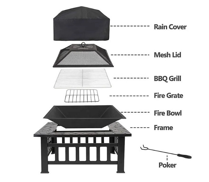 Outdoor Fire pit Metal Firepit Square Table Backyard Patio Garden Stove Wood Burning Fire Pit