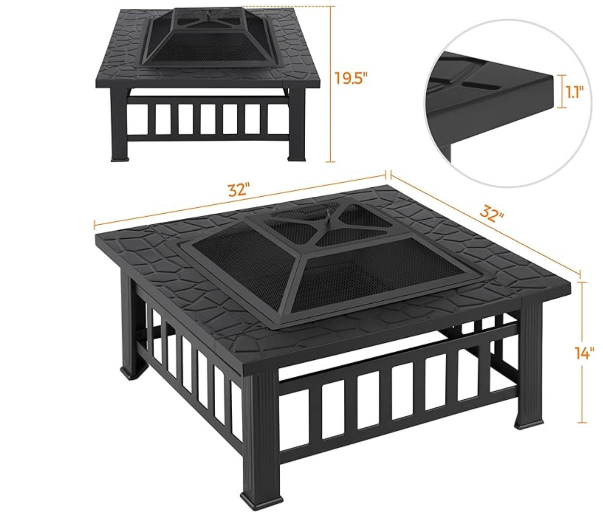 Outdoor Fire pit Metal Firepit Square Table Backyard Patio Garden Stove Wood Burning Fire Pit