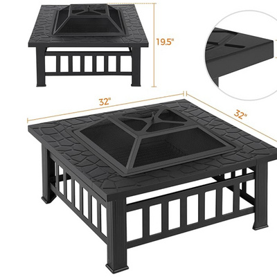 Outdoor Fire pit Metal Firepit Square Table Backyard Patio Garden Stove Wood Burning Fire Pit