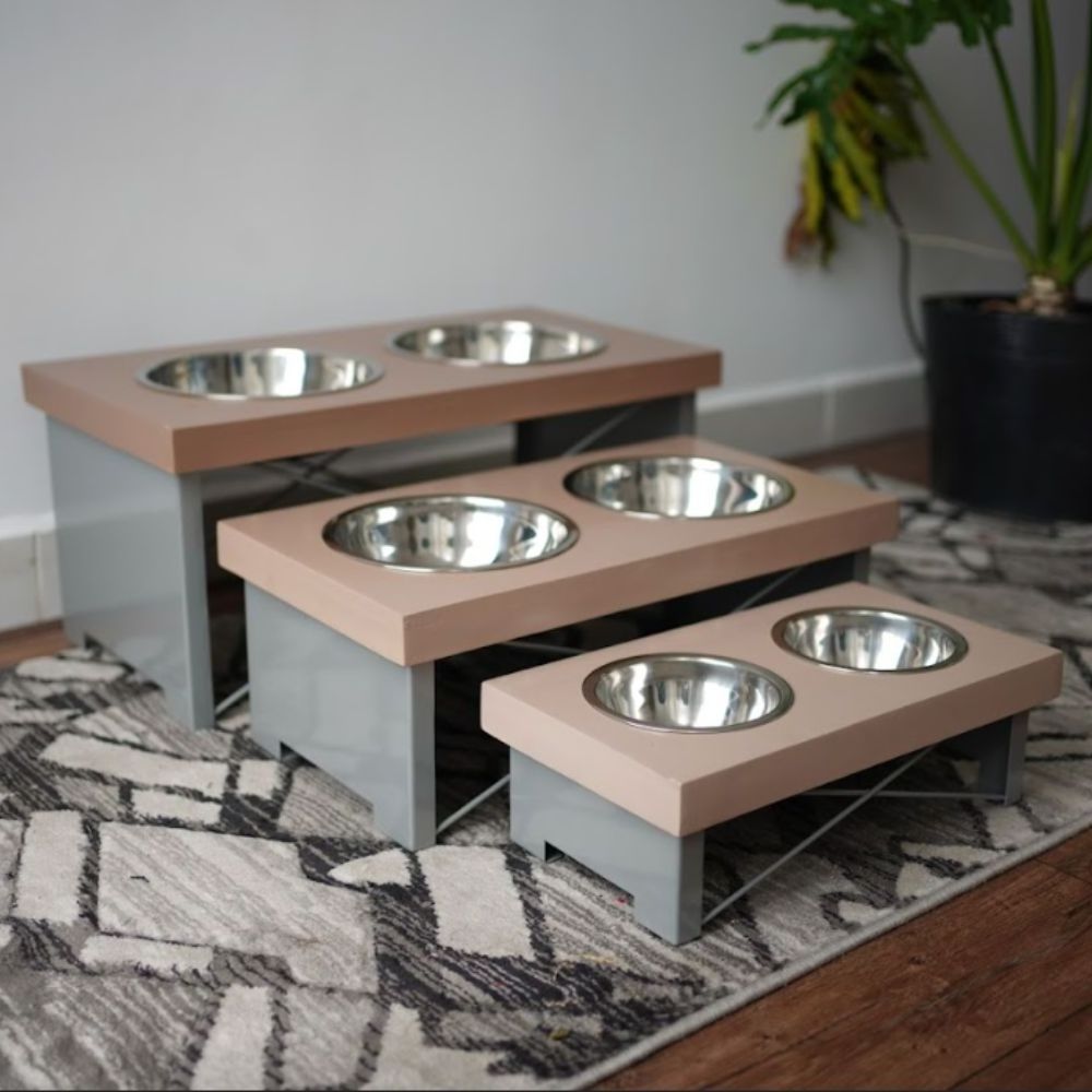 Pet Dog & Cat Feeder - Wooden Top and Grey Metal Legs  Double Dog Bowl Feeder Stand  - Model NPPF047