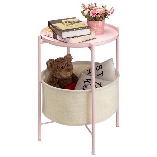 Made in Vietnam Two-tier living room coffee table - Round metal coffee table with fabric storage basket