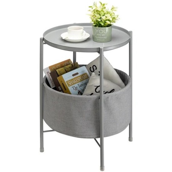 Made in Vietnam Two-tier living room coffee table - Round metal coffee table with fabric storage basket